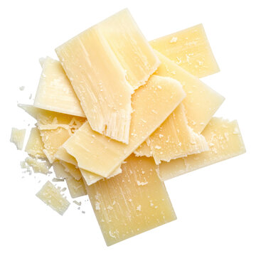 Thin shavings of authentic italian parmigiano-reggiano cheese, professionally isolated on a pure white background