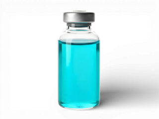 Clear glass medical vial filled with blue liquid medicine, sealed with silver cap and blank label, isolated on transparent and white background, representing pharmaceutical innovation, laboratory rese