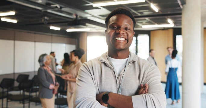 Business man, arms crossed and portrait in lobby for creative workshop, seminar and convention. Startup summit, office forum and smile of person for networking event, expo opportunity and meeting