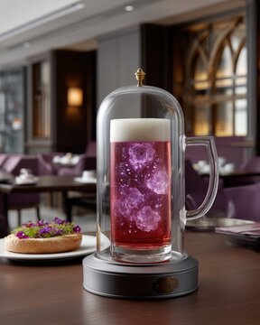 Plasma glow tonic in an anti-gravity levitating cup, with glowing molecular patterns in the ice, set in a zero-gravity dining pod, underlit with prismatic highlights, in iridescent purples and neon