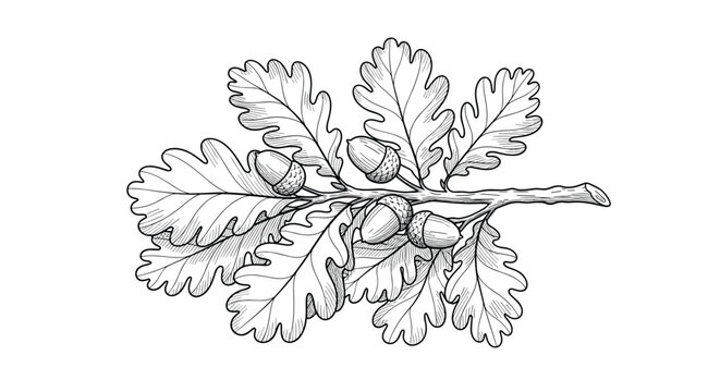 Vintage-style black and white ink drawing of an oak tree branch with detailed leaves and acorns in a classic botanical engraving style.