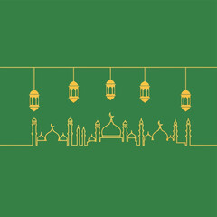 Ramadan vector illustration with mosque skyline and hanging lanterns on green background