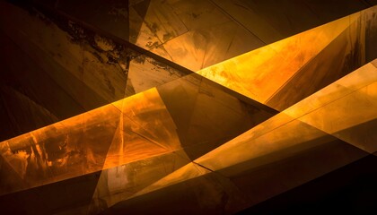 Abstract composition of intersecting, angular golden planes and shadows, with light and texture