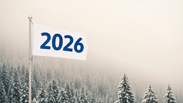 A white flag with 2026 in blue text waving in a snowy forest with evergreen trees on a foggy day with winter - Powered by Adobe