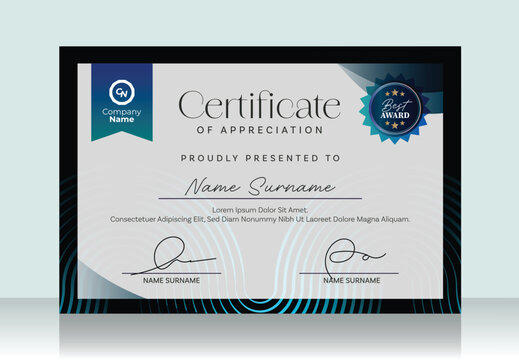 Professional certificate template for business award recognition, elegant appreciation layout with clean presentation suitable for formal achievements and official use - Powered by Adobe