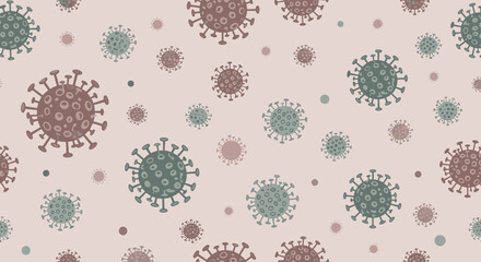 Obraz premium Seamless pattern background with illustrations of coronavirus or COVID-19 virus cells in muted colors for medical or scientific use.