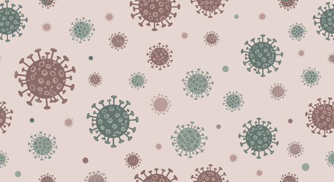 Seamless pattern background with illustrations of coronavirus or COVID-19 virus cells in muted colors for medical or scientific use.
