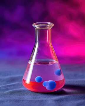 Cosmic ripple elixir in a transparent prism flask, with bioluminescent particles in the liquid, set against an abstract cosmic setting, lit by dramatic glowing backlight, in neon pink and deep
