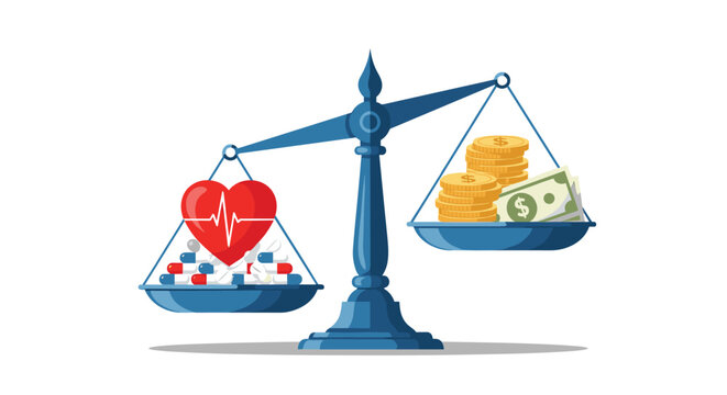 Balancing scale with a heart and pills on one side and money on the other, representing the high cost of healthcare and medicine.
