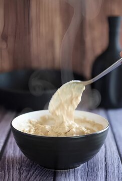 Steaming bowl of creamy porridge with a spoon on a wooden table