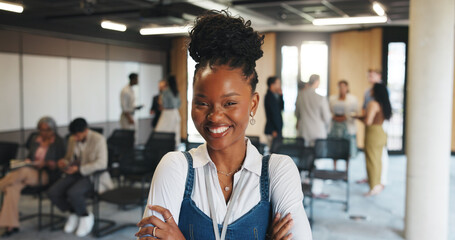 Business woman, arms crossed and portrait in lobby for creative workshop, seminar and convention. Startup summit, office forum and smile of person for networking event, expo opportunity and meeting