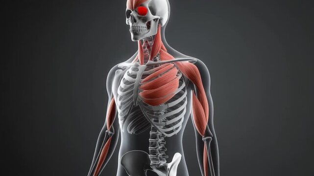 Human anatomy illustration highlighting muscular structure and skeletal system in a detailed medical visualization