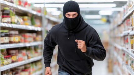 A masked thief in a black hoodie runs aggressively down a grocery store aisle, shoplifting or robbing.