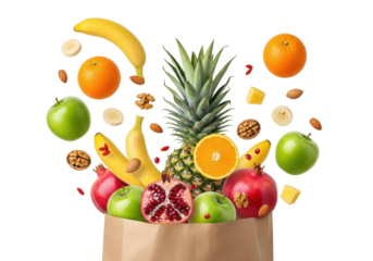 A natural brown paper bag brimming with vibrant fresh fruits and nuts dynamically floating, on a transparent background with copy space. Concept of healthy eating and natural abundance