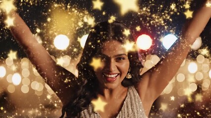 Joyful young woman celebrating with arms raised amidst a shower of golden sparkling stars and festive bokeh lights at a vibrant night party or special event radiating happiness and excitement. - Powered by Adobe