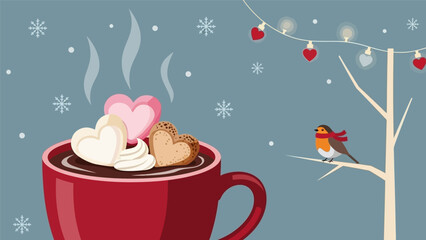 Cozy winter scene with hot chocolate and festive decorations.
