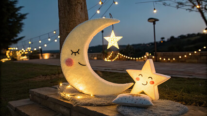 Charming Moon and Star Decorations Illuminating a Tranquil Evening Garden