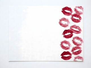 Red Lipstick Kiss Marks on White Paper with Copy Space