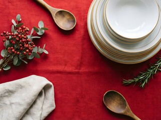 Festive Holiday Table Setting Flat Lay