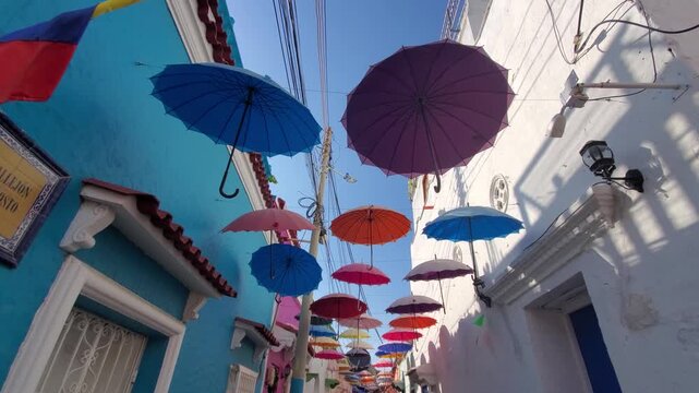 Colombia, Scenic colorful streets of Cartagena in historic Getsemani district near Walled City, Ciudad Amurallada, a UNESCO world heritage site