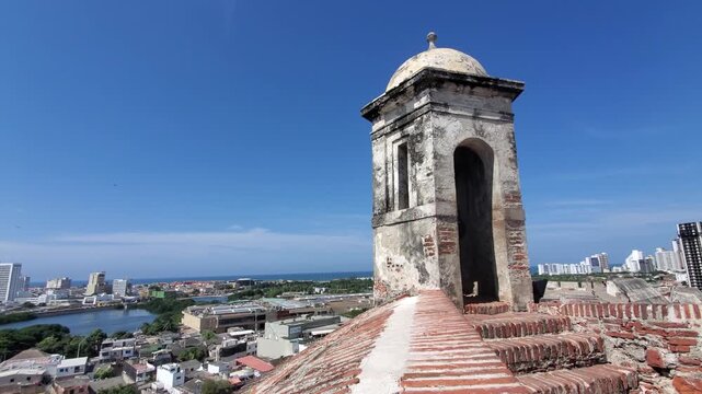cenic Castle of Saint Philippe, Castillo San Felipe de Barajas, with lookouts overlooking Cartagena historic center, ocean bay and Walled City.