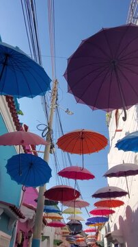 Colombia, Scenic colorful streets of Cartagena in historic Getsemani district near Walled City, Ciudad Amurallada, a UNESCO world heritage site