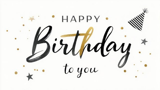 Elegant hand drawn happy birthday to you greeting card with festive stars and party hat illustration - Powered by Adobe