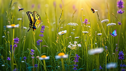 Butterflies and bees in a wildflower meadow