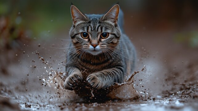Gray tabby cat leaps through mud puddle