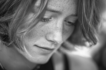 Black and white close-up of freckled woman looking down in quiet introspection
