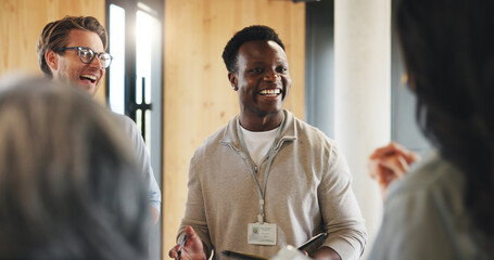 Discussion, business people or smile with notebook in hallway, information exchange or project...