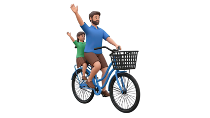 Father and Daughter Riding Bicycle Together, Waving