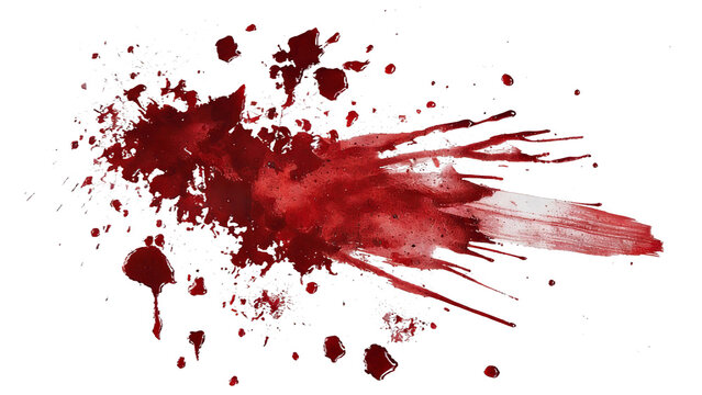 A vivid red blood splatter with dripping droplets and ink-like texture, evoking themes of violence, medical trauma, or artistic expression.
