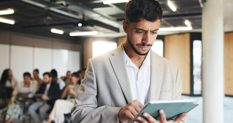 Reading, research and man with tablet, conference and planning for public speaking, online or scroll. Workshop, speaker and person with tech for presentation, browsing and preparation for seminar