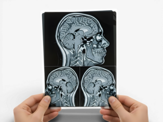 Doctor showing MRI brain scan of head and skull on digital screen, medical imaging concept for healthcare, neurology, diagnosis, radiology research, clinical examination and modern hospital technology