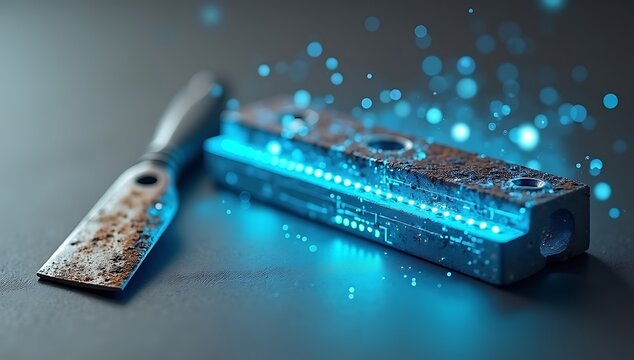 A shiny new tool slowly rusting next to a digital interface projection, symbolizing rapid skill obsolescence