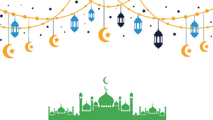 Ramadan vector illustration with mosque silhouette, lanterns, crescent moons and festive lights