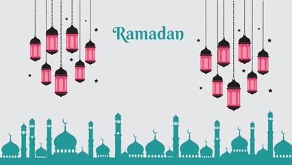 Ramadan vector illustration with hanging lanterns and mosque silhouette for festive design