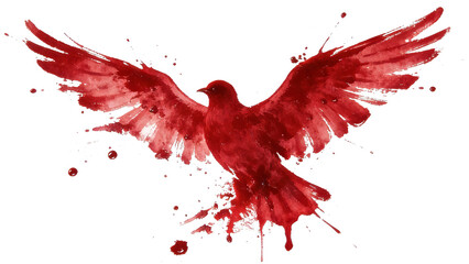 Red watercolor painted bird in flight, with splashes and ink drips, showcasing abstract artistry and dynamic movement, ideal for nature or animal-themed designs.
