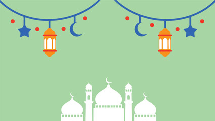Ramadan vector illustration with mosque, lanterns, crescent moon and stars on green background