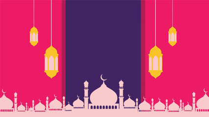 Ramadan vector mosque background with lanterns in modern flat style for Islamic design