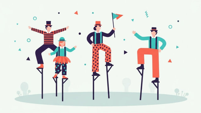 A colorful illustration of four people balancing on stilts in a playful and lively scene