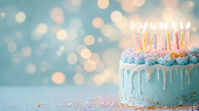 A beautifully decorated birthday cake with lit candles and soft bokeh lights in the background
