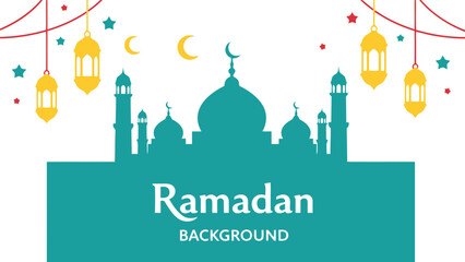 Ramadan vector background with mosque silhouette, lanterns, crescent moon and stars