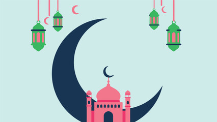 Ramadan vector illustration with mosque, crescent moon, and hanging lanterns