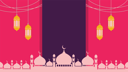 Ramadan vector mosque background with lanterns, pink and purple Islamic festive design