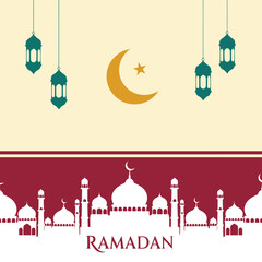 Ramadan vector illustration with mosque silhouette, crescent moon, and hanging lanterns