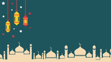 Ramadan vector illustration with mosque silhouette and hanging lanterns on dark background