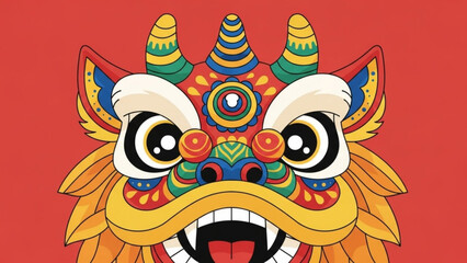 Obraz premium A colorful illustration of a lion dance mask with a vibrant red background