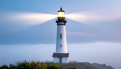 Obraz premium Coastal Lighthouse At Dusk Illuminated By Bright Beams Amidst Cloudy Skies